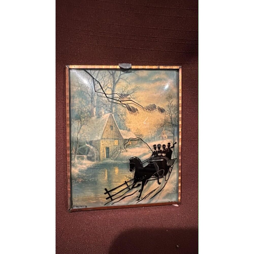 Vintage Reverse Painting Silhouette On Convex Glass Sleigh Ride Framed In Copper